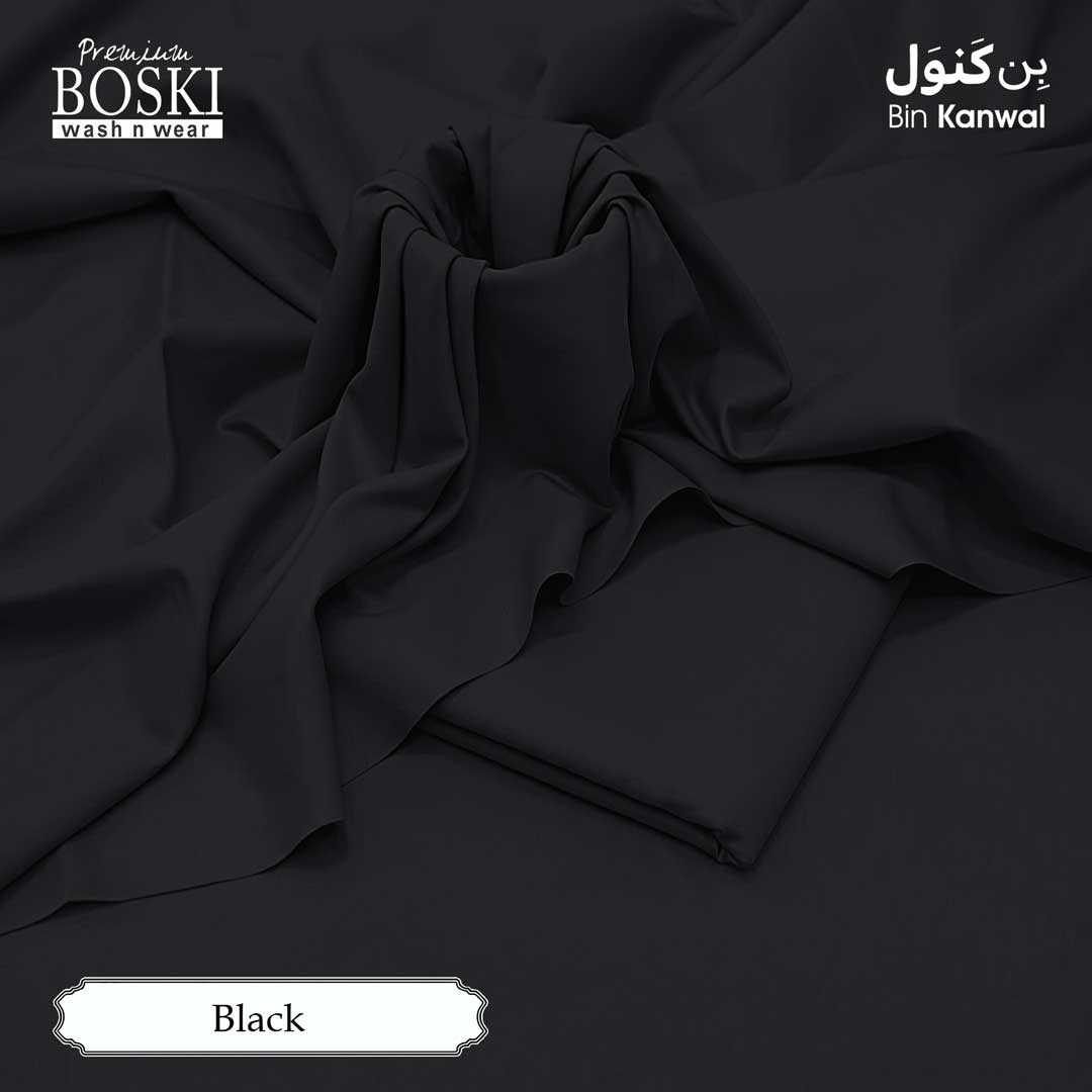 Black fabric with Boski and Bin Kanwal branding on a dark background