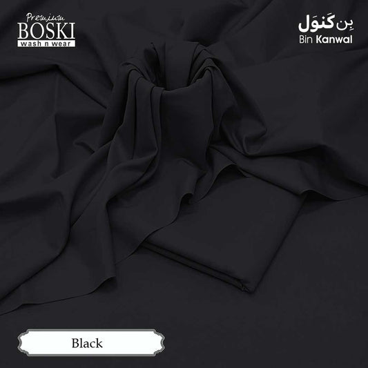Black fabric with Boski and Bin Kanwal branding on a dark background